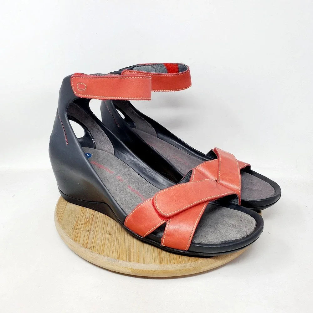 Wolky Era Wedge Sandals Womens 41 Red Leather Black Adjustable Ankle Strap Shoes